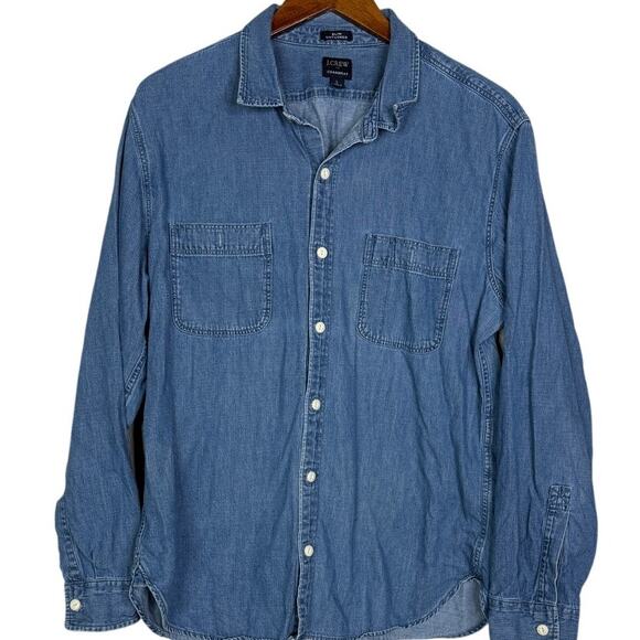 J. Crew Mens Slim Untucked Chambray Long Sleeve Denim Button Down Shirt L Blue - Picture 12 of 16
